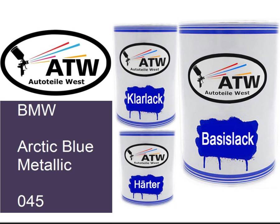 BMW, Arctic Blue Metallic, 045: 500ml Lackdose + 500ml Klarlack + 250ml Härter - Set, von ATW Autoteile West.